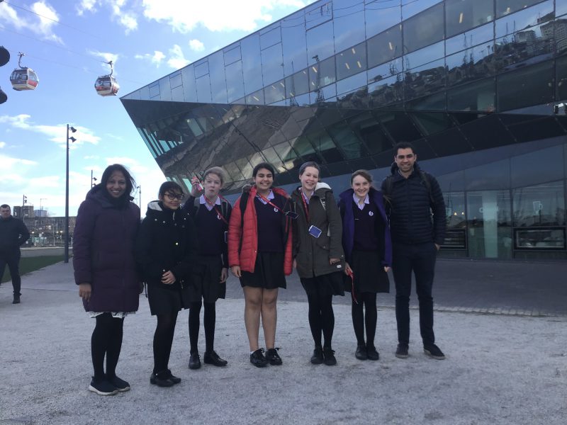 Our Year 8 and 9 Computer Science students outside The Crystal building at Royal Victoria Dock. The building contains a permanent exhibition about sustainable development.