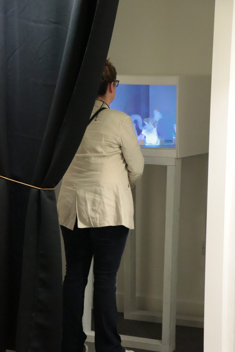 A visitor inspecting an installation piece