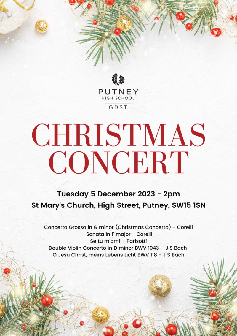 On Tuesday 5 December at 2pm the String Orchestra will be performing in a Christmas Concert at St Mary's Church in Putney. The programme will include Corelli's Christmas Concerto, and Bach's Double Violin Concerto in D Minor.